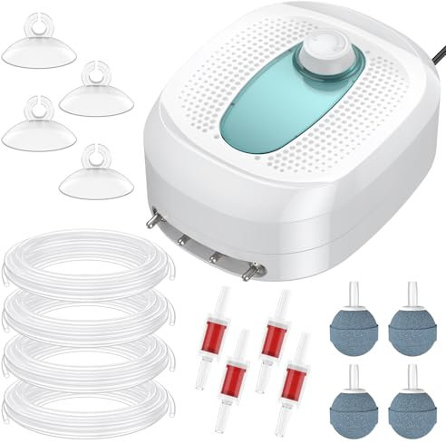 Pawfly 760 L/H 8 W Aquarium Luftpumpe mit 4 Ausgängen Verstellbarer Aquarienbelüfter für 38-1136 L Aquarien Eimer & Teiche Leise Sauerstoffpumpe mit Luftschlauch Luftsteine Rückschlagventile Saugnäpfe