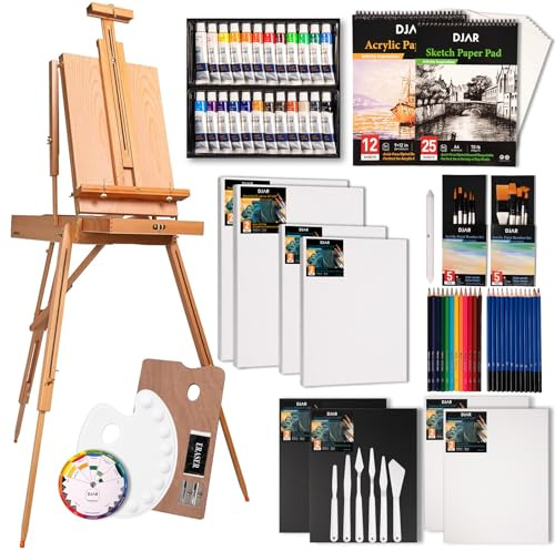 DJAR 89 pcs Acrylic Paint Set with French Easel for Professional Artist, Painting Kit with Paint Brushes, Canvas, Acrylic Art Supplies Kit for for Adults