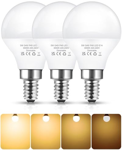 E14 LED Light Bulb Dimmable, 5W Small Edison Screw Warm White, 3 Pack | 40W Equivalent, 3000K Soft Warm Glow, G45 P45 Golf Ball Bulb, Smooth Dimming, E14 Bulbs for Interior Lighting