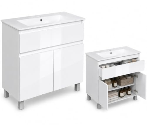 paplinskimoebel - Lavabo avec Meuble Ariza 80 cm de Large, Lavabo avec Meuble sous Vasque avec 2 Portes, Ensemble de Meubles de Salle de Bains - Blanc Mat/Blanc Brillant Front