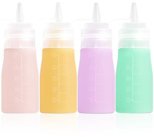 Mrsdry Condiment Squeeze Bottles, 12 oz Silicone Squeeze Bottles For Sauces, Leak Proof Condiment Container with Extra Interchangeable lid, Easy Squeeze for Oil, Honey & Dressings, BPA FREE (4 Pack)