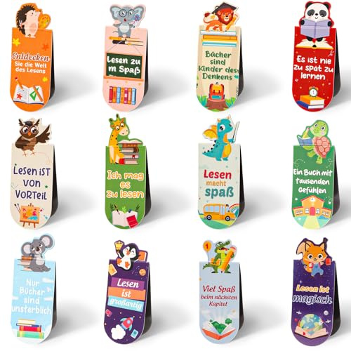 12 Lesezeichen Kinder, Kindergeburtstag Gastgeschenke 5 6 7 8 9 10 Jahre | Tiere lesezeichen magnetisch, Magnetlesezeichen mit Sprüchen Schultüte Füllung für Schulkind 2026 Junge Mädchen