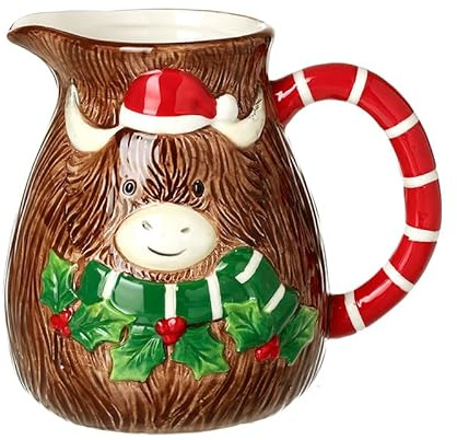 Heaven Sends Highland Pichet vache avec poignée rouge – Pichet festif en céramique avec chapeau de Père Noël et houx – Vaisselle de Noël pour lait, crème, sauce ou décoration 100 ml