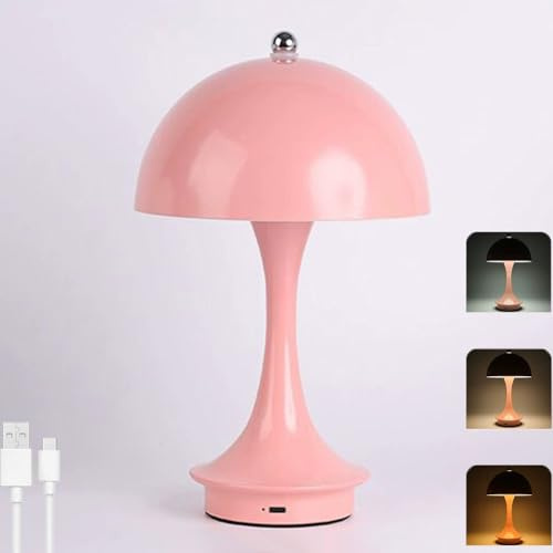 LOGT Pilzlampe LED Akku Tischlampe Kabellos USB Aufladbar Tischleuchte Batterie Dimmbar mit Touch Control Pilz Lampe Innen und Außen Tragbare Kinderzimmerlampe Batterie Schreibtischlampe,Rosa