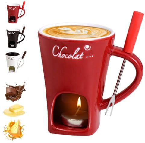Schokoladenfondue Tasse mit Gabeln, Schokoladenschmelz becher, Keramik-Butterwärmer-Topf-Set, Käseschmelzbecher, Fondue mit Teelicht erhitzt, Wärmebecher für Süßigkeiten-Snack-Karamell-Party (A)