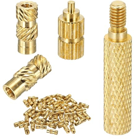 sourcing map M2 Hitzegewindeeinsätze mit Lötspitze, 3,5 mm Außendurchmesser, 8 mm Höhe, Messing-Mutterstangeneinsätze gerändelt für 3D-Druckkomponenten, Kunststoffteil, 60 Stück