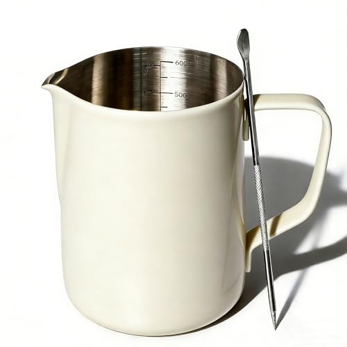 SVNR Pichet mousseur à lait en acier inoxydable pour machine à café, accessoires de barista pour la fabrication de cappuccino, latte, lait mousseux, blanc élégant, 600 ml