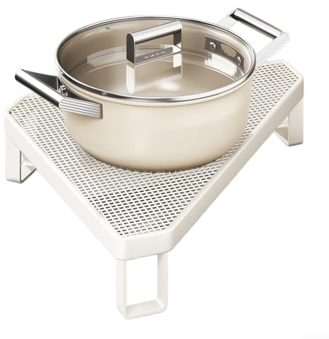 Scaffale triangolare in ferro per cucina ad angolo con parte superiore in rete per asciugare e riporre pentole e padelle (bianco)