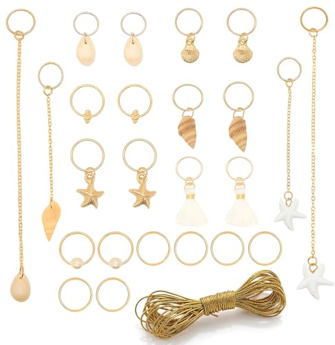 ZMaglorian Lote 24 Accesorios Pelo Mar ORO + 5m Cordón Dorado – Adornos Pelo Conchas Estrella Sirena, Joyería para Dreadlocks Festival Música Playa