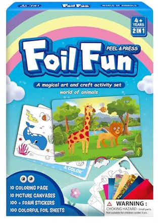 Rongxze 2 in 1 Foil Art Craft Kit for Kids Ages 4+, Animal World Peel & Press Creative Set with Coloring Pages & Stickers, Art Craft Gift for Girls Boys