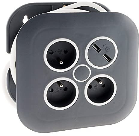 Zenitech - Avvolgitore domestico 3 prese 2P+T 16A + interruttore automatico + 2x USB - 7 metri - Grigio/Bianco - Zenitech