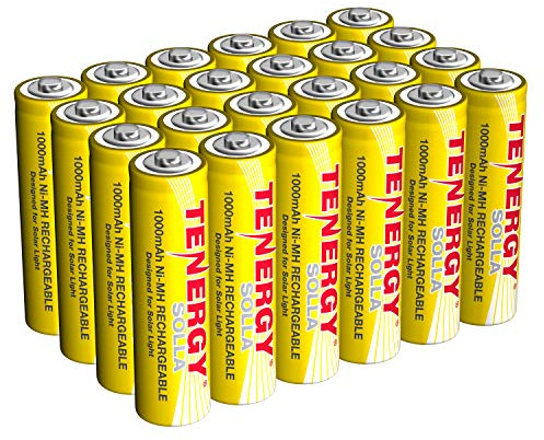 Tenergy Solla Rechargeable NiMH AA Battery, 1000mAh Solar Batteries for Solar Garden Lights, Anti-Leak, Outdoor Durability, 5+ Years Performance, 24 Pack, UL Certified