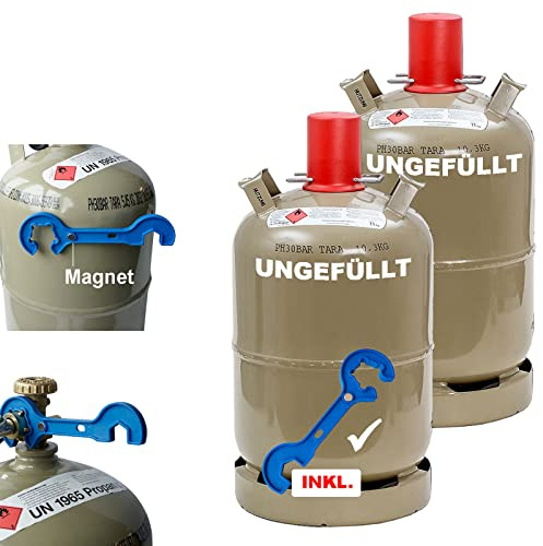CAGO 2 x Camping Propan-Gas-Flasche 11kg grau leer Neuflasche Eigentumsflasche für Gasgrill, Gaskocher, Gasofen INKL Gasregler-Schlüssel mit Magnet