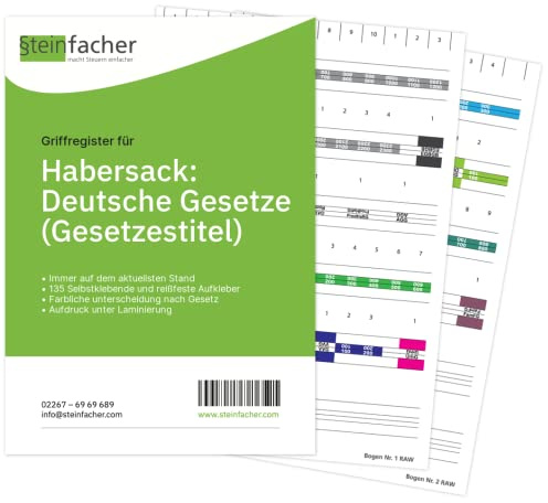 Steinfacher Griffregister für HABERSACK/SCHÖNFELDER: DEUTSCHE GESETZE (GESETZESTITEL) - 135 bedruckte Aufkleber (ohne Folien | ablösbar)