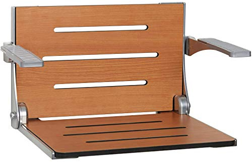Seachrome Silhouette Comfort Folding Wall Mount Shower Bench Seat with Arms, Teak Seat with Silver Frame