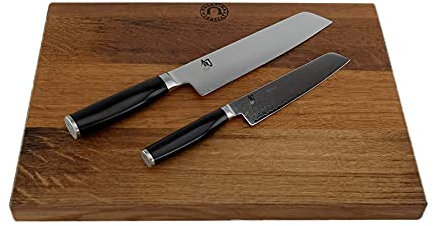 Kai Shun Tim Mälzer Minamo Vorteilsset, Santokumesser 18 cm TMM 0702 + Allzweckmesser TMM 0701 mit 15 cm Klinge + handgefertigtes Eichenbrett 40x30 cm