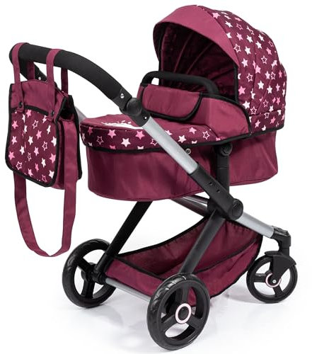 Bayer Design 17023AA Puppenwagen Xeo mit Tasche, höhenverstellbarer Griff, Schwenkschieber, wandelbar als Puppenjogger, bewegliche Vorderräder, integrierter Korb, Bordeaux, Rosa