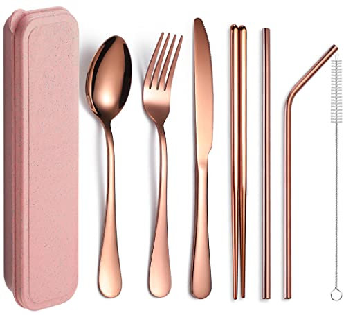 XIAOYU 7-Piece Portable Utensils Set, Travel Camping Cutlery Set, Stainless Steel Flatware Set, Including Dinner Knife/Fork/Spoon/Chopsticks/Straw, Rose Gold
