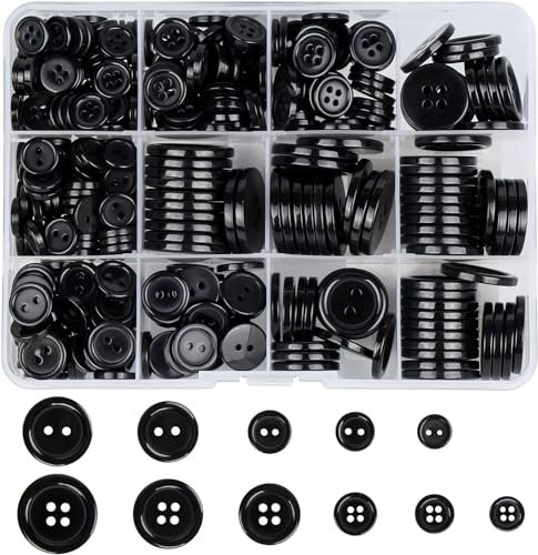 404 Stück Harzknöpfe 2-Loch und 4-Loch Schwarz Knöpfe Rund Knöpfe mit Aufbewahrungsbox für Kleider Nähen DIY Handwerk Scrapbooking und Dekorieren, 10mm/11.5mm/12.5mm/18mm/20mm/23mm