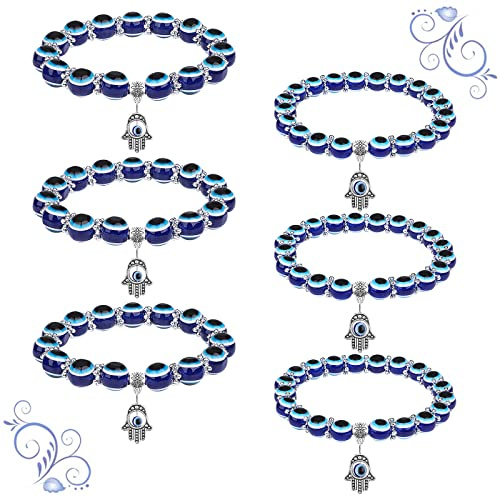 Lusofie Turkish Evil Eye Bracelet Set of 6 - Blue Nazar Charm Protection Bracelets for Women, Couples & Friends, Gift of Blessing (8mm & 10mm Beads)