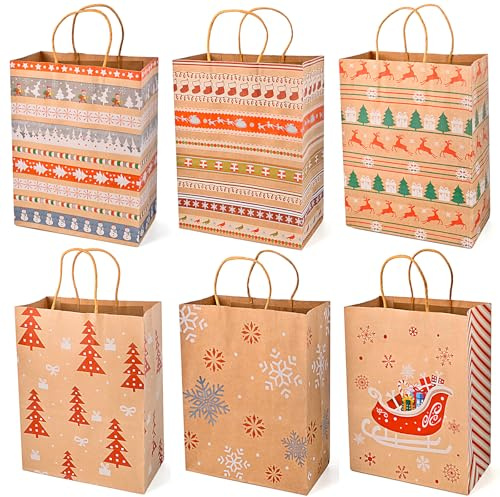 MAOOY 24 Stück Geschenktüten Weihnachten,Weihnachtstüten 27x21x11cm,kleine Papiertüten mit Henkel,Weihnachtstüten zum Befüllen für Geschenke, Mitbringsel, Party, Adventskalender(6 Motive)