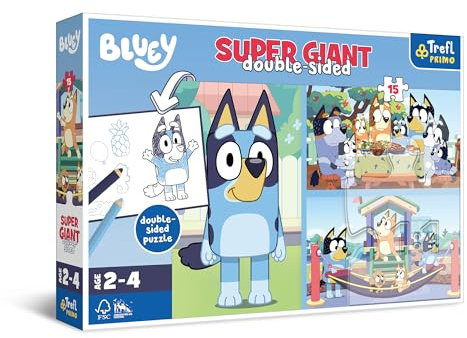 Trefl Primo – Bluey, Abenteuer mit Bluey – 3in1: Puzzle 15 Sehr Große Teile, Malvorlage, Spiel mit Elementen zum Ausmalen, Buntes Puzzle mit Helden der Fernsehserie, Spiel für Kinder ab 2 Jahren