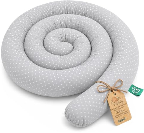 Totsy Baby Cuscino XXL a forma di serpente per letto, cuscino da allattamento, cuscino decorativo, protezione per il bordo del letto, paracolpi XL Punti bianchi su grigio 300 cm Certificato Oeko-Tex
