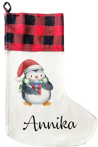 LIEBTASTISCH - Personalisierte Weihnachtssocken - 40cm x 30cm - Weihnachtsstrumpf zum Nikolaus oder Weihnachten - Namen - Geschenkbeutel - Nikolausstiefel zum Aufhängen - (Pinguin)