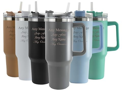 Personalised Engraved Thermal Tumbler, 40oz/1135ml Insulated Travel Cup, Large Grey Travel Coffee Mug, Customise with Any Message and Font, Stainless Steel, Straw and Handle