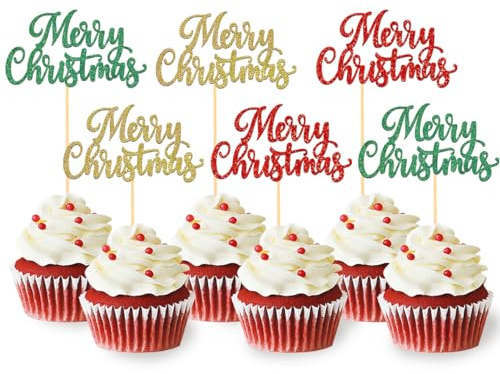 24 Stück Glitzer Weihnachten Cupcake Toppers, Merry Christmas Tortendeko, Frohe Weihnachten Kuchen Deko für Neujahr Party, Weihnachtsfeier Deko (3 Christmas)