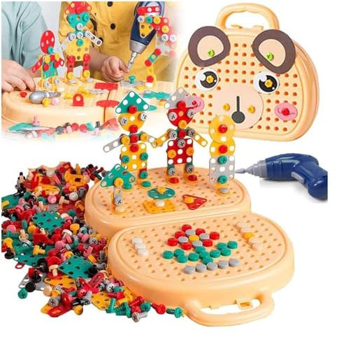 HAZARA Magische Montessori Spielzeugkiste ， Intelligente Montage Werkzeugbank Kinder Sicherheitsmaterial Werkzeugkiste Kinder ， Werkzeugkoffer Kinder Ab 3 Jahre,Beige