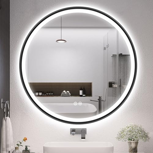 S'bagno Rund Badrumsspegel Med Belysning 800 mm, Svart Aluminiumram, LED-belysning, Defogging, Dimfunktion, 3 Färgtemperaturer, IP44, Minnesfunktion
