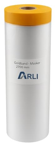 ARLI Goldband Masker 2700 mm x 16 m Abdeckfolie mit Klebeband Malerfolie Baufolie transparent HDPE Folie mit Washi Tape für Abdeckarbeiten im Innen- und Außenbereich