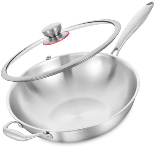 LOLYKITCH Dreilagige Edelstahl-Wokpfanne mit Deckel und Halter, Bratpfanne, Induktions-Wok, spülmaschinen- und ofenfest, robuster und abnehmbarer Griff.（34cm)