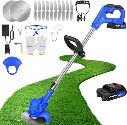 Qimu Garden Strimmer 21V Telescopic Cordless Strimmer with 1500mAh Battery, Electric Brush Cutter Lightweight Grass Trimmer Retractable with 12pcs Blade Height Adjustable Metal Blade Strimmer