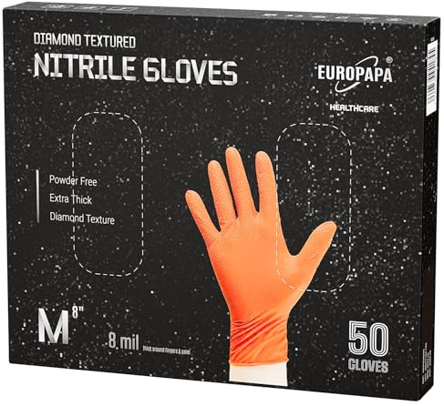 EUROPAPA® 50x extra Dicke Nitrilhandschuhe DiamantGrip Diamant Perfect Grip Einweghandschuhe Montageschutzhandschuhe puderfreier latexfreier Arbeitshandschuhe (8 mil, Orange, M)