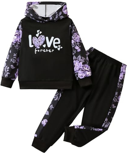 L SERVER Survêtement Fille Imprimés Ensembles Enfant Jogging à Capuche 2 Pièces Vêtements de Sport pour Printemps et Automne, Violet, 6-7 ans