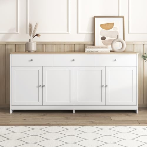 Küchenschrank, Sideboard mit 3 Schubladen und 4 Türen, Buffetschrank mit verstellbaren Einlegeböden, Kommode für Wohnzimmer, Küche, Esszimmer, anspruchsvoll und elegant, natürlich und weiß