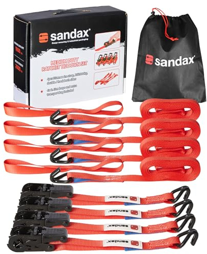 Sandax Set om 4 spännremmar 4 m långa och 25 mm breda, LC 400 daN, STF 100 daN, tvådelade spännremmar med spärrar, spärrspännremmar för lastsäkring för släpvagnar och transportörer I 4 meter