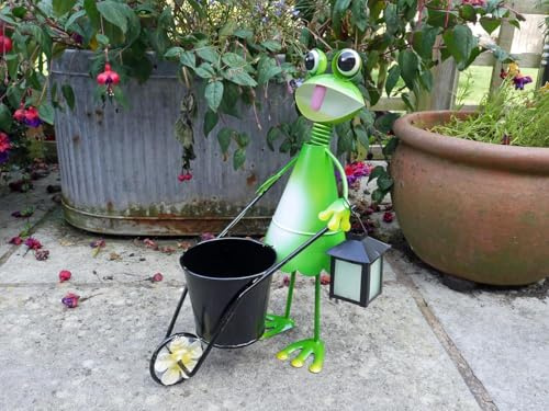 Frog Ornament Flowerpot, with Lantern, Green Metal Wheelbarrow Plant Pot Succulent Planter Outdoor Indoor Decoration 33cm (Light Green)