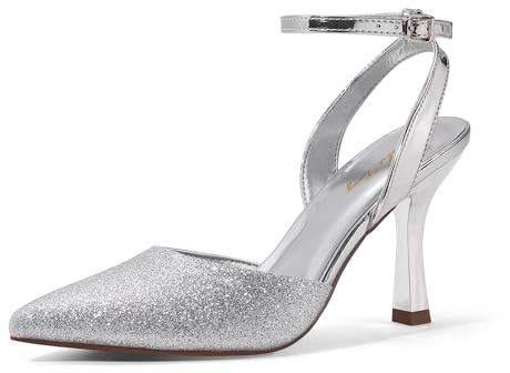 Zhabtuc Décolleté alla Moda con Cinturino alla Caviglia - Tacchi a Spillo Sexy, Punta Chiusa, Tacco Medio, Scintillio Argento, 38.5 EU