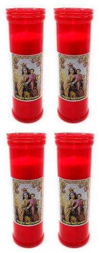 Tradineur - Confezione da 4 veloni santi Vergine del Carmen, candele liturgiche di paraffina e cera vegetale, decorazione di chiese, cimiteri, tombe (Rosso-18,5 cm)