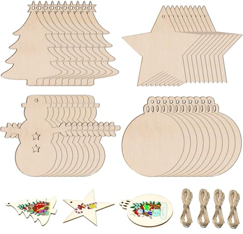 40Pcs DIY Wooden Christmas Tree Decorations, Crafts for Adults, Make Your Own Ornaments, Round Wooden Chips, Snowman, Star With 4 Bundles of Rope