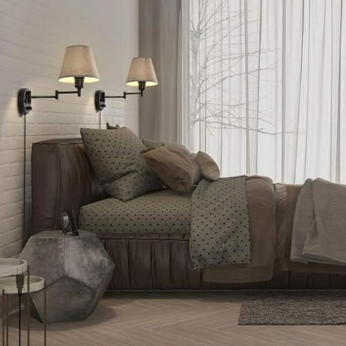 TZSMUM E27 Innen Vintage Wandleuchte mit Schalter Stecker Wandlampe 180°+270° Verstellbare Wandbeleuchtung Industrial Bettlampe mit 1.6M Kabel Stoff Schirm Wand Leselampe (Grau,2 Stück)