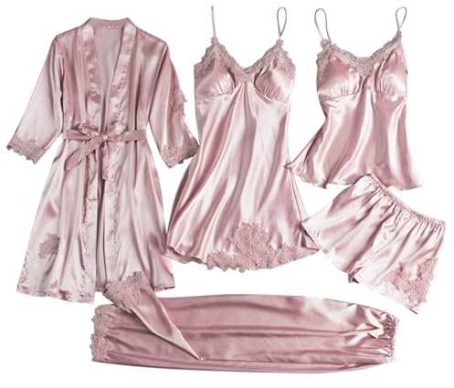 5 Piece Pyjamas Set Women Satin Silk Pajamas Kimono Robe Floral Lace Cami Tops Shorts Pants Nightdress Bathrobe Pjs Sets Sleepwear Soft Comfy Loungewear Ladies Nightwear Sexy Underwear Home Wear Pink
