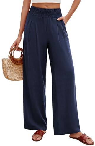 PASUDA Pantalon Femme Été Lin Pantalons Taille Haute Elastique Pantacourt Coton Grande Longueur Palazzo Pants Jambe Large Ample Fluide Droit Décontractée avec Poches (Marine, L)