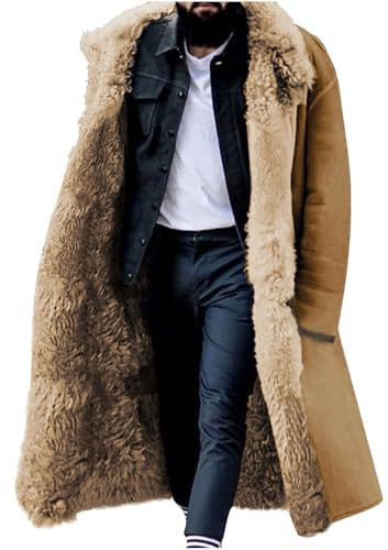 Gefütterte lange Jacke for Herren, Kunstledermantel, Pelzkragen, lange Trenchcoats, Wintermantel aus Schaffell-Fleece(Khaki,Medium)