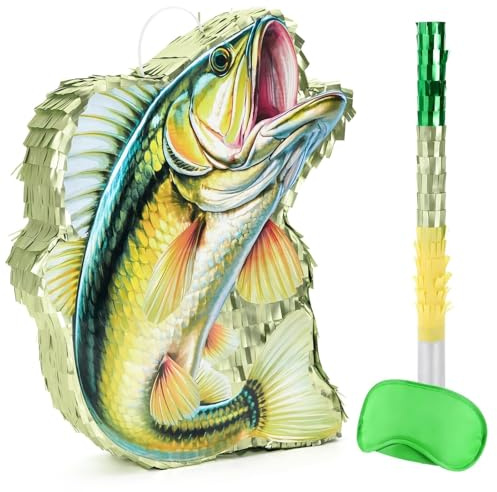 WERNNSAI Fisch Pinata – Fisch Piñata mit Stock Augenbinde Junge Erwachsene Angelspiel Piñata Geburtstagsparty Dekoration Fisch Themen Geschenk