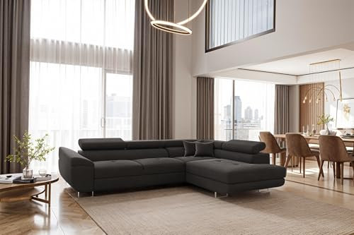 Kaiser Möbel - Ecksofa mit Schlaffunktion und Bettkasten, Wohnlandschaft L Form, Bigsofa, Bequemes Couch mit Ottomane für Wohnzimmer, Relaxsofa, Lounge-Set L-Form, FALIO L, Graphit, Rechts