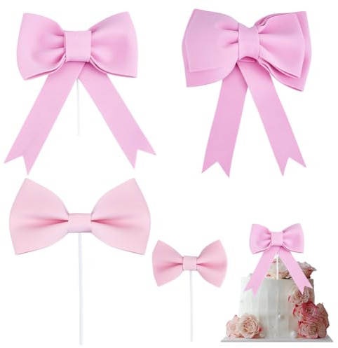 DELORIGIN 4 fiocchi rosa come decorazione per torta per compleanno, 4 stili, in gommapiuma, decorazione per torte, fiocchi grandi, principesse, decorazione per torta per donne, anniversario di